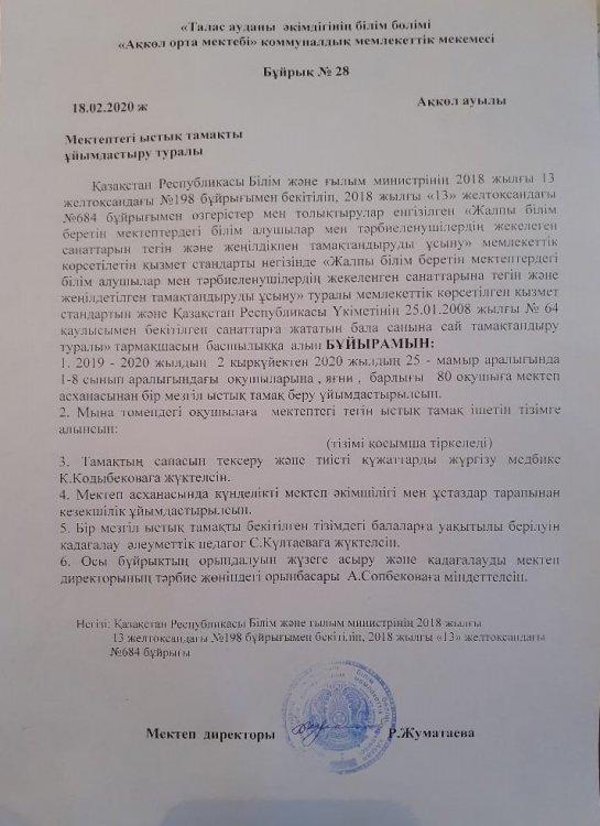 Мектептегі ыстық тамақты ұйымдастыру тарулы